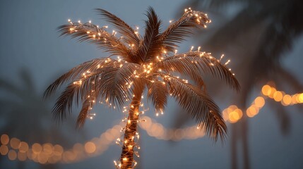 Palm tree adorned with warm fairy lights against a blurred, misty background, creating a festive atmosphere.