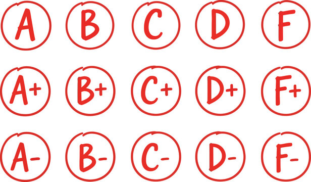 Handwritten letter grades in red circles on white