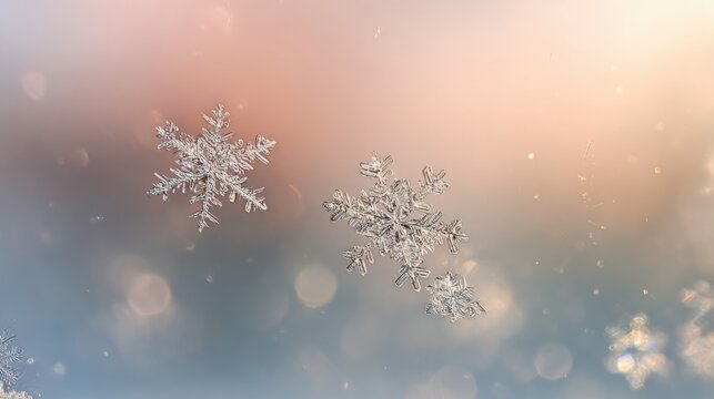 close up of delicate snowflakes drifting gently in the air against a pastel gradient winter background soft dreamy bokeh light orbs floating behind