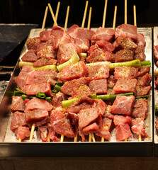 Fresh Pork Skewers on Display at Dongmun Market, Jeju Island