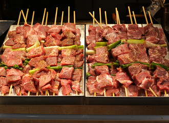 Fresh Pork Skewers on Display at Dongmun Market, Jeju Island