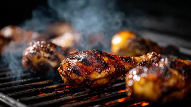 Close Up of Delicious Barbecue Chicken Drumsticks Grilling Over Hot Coals With Smoke Rising Creating a Smoky Outdoor Atmosphere and Appetizing Food Visuals