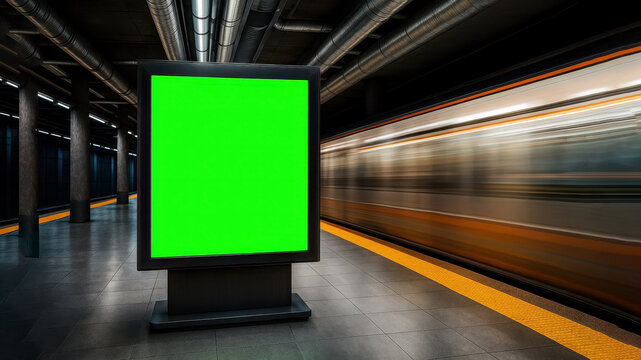 Vibrant subway station with passing train and empty advertising board