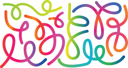 Abstract Gradient Color Line Waves Pattern. Vector Rainbow Ribbon Bg. 3D Swirl Graphic Elements Design. Wavy Organic Doodle Color Lines Set.