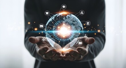 Businessman holding a glowing digital earth globe with network connection icons symbolizing global business technology and future communication concept