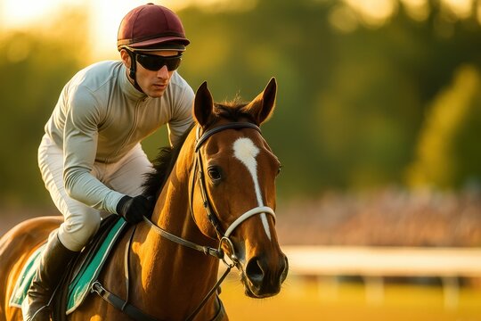 Rider skillfully guides thoroughbred horse during golden sunset race - Powered by Adobe
