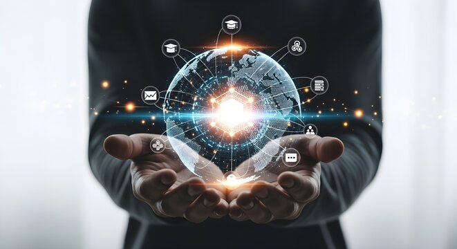 Businessman holding a glowing digital earth globe with network connection icons symbolizing global business technology and future communication concept