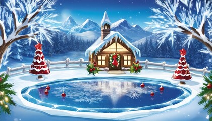 Frozen pond with Christmas decorations nearby