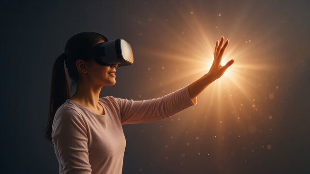 Woman explores virtual reality with enthusiasm in a dark, ambient space