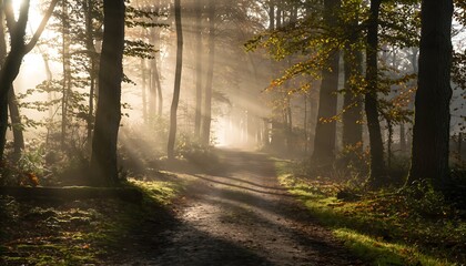 Obraz premium Golden light beams across tranquil autumn path high resolution photo