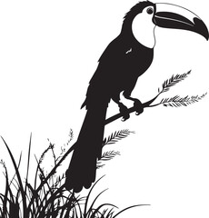 Naklejka premium Black silhouette of a toucan perched on a branch with grass
