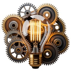 Vintage Style Light Bulb with Gears and Cogs symbolizing Innovation and Mechanical Concept Design on White Background