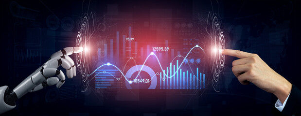 A striking visual representation of human and robotic hands touching, set against a backdrop of vibrant financial data visuals and futuristic digital graphs. Scalp