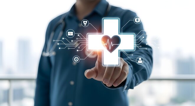 Doctor or healthcare professional interacting with a digital interface showing a glowing medical cross symbol with a heart and heartbeat line inside