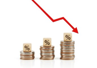 Coin stack with percentage block and downward red arrow isolated on white background