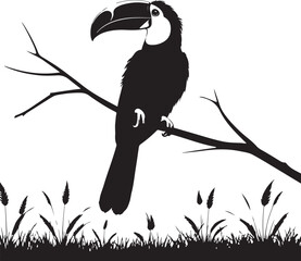 Naklejka premium Black silhouette toucan bird perched on a branch over grass