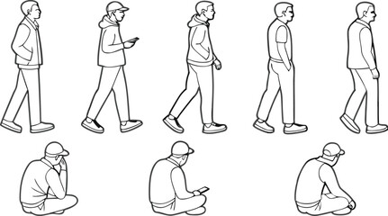 Human Poses Line Art Vector Illustration Set of People Line CAD Art Men, Women
