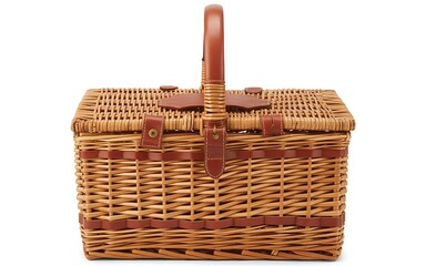 Woven Picnic Basket with Leather Straps Ready for Outdoor Adventures and Gourmet Delights on a Sunny Day