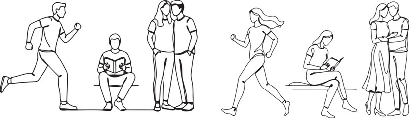 Human Poses Line Art Vector Illustration Set of People Line CAD Art Men, Women