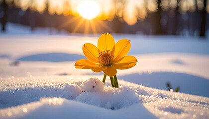 Single flower blooming in snowy mountain landscape with golden sunrise and pine trees