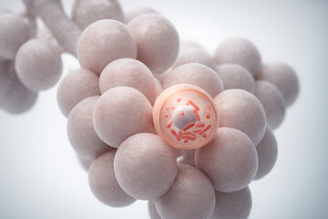 Photorealistic 3D medical illustration of pulmonary Tuberculosis (TB), semi-transparent human thorax showing lungs with a few highlighted apical lesions, cross-sectional lung