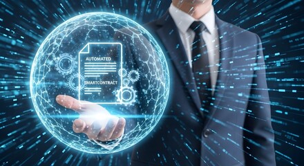 Businessman holding a glowing digital sphere displaying an automated smart contract icon with abstract blue data flow background
