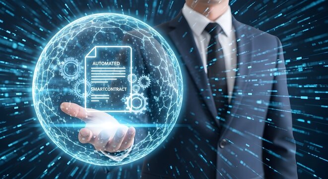 Businessman holding a glowing digital sphere displaying an automated smart contract icon with abstract blue data flow background