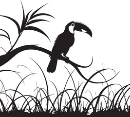 Naklejka premium Silhouette of a toucan perched on a branch with foliage and grass