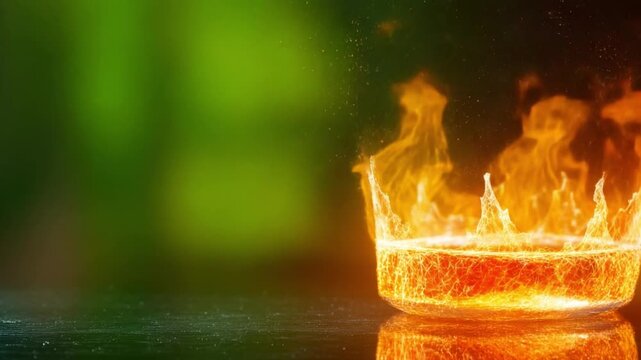 Burning Crown in Focus: The radiant crown, engulfed in a fiery blaze, resting atop a reflective surface. The captivating imagery of power and royalty is set against a serene background of soft hues.