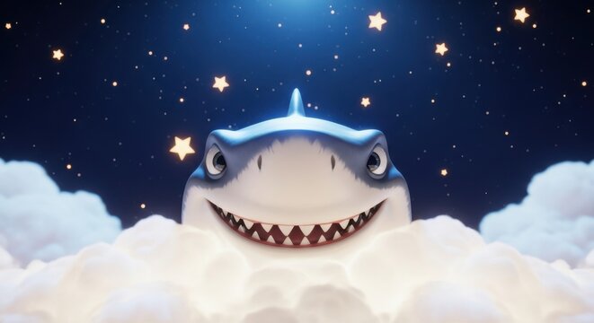 Friendly cartoon shark smiles in a starry night sky among clouds