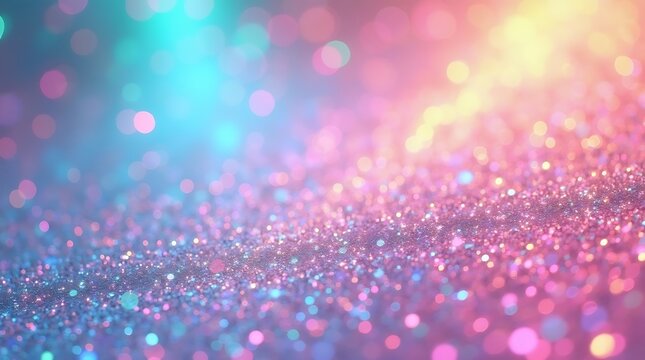 Shimmering glitter texture grainy background with vibrant pastel pink, purple, and teal bokeh lights creating a festive ethereal glowing atmosphere.