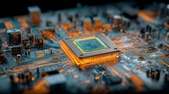 A glowing microchip embedded in a circuit board representing high performance processing energy flow and advanced digital infrastructure.
