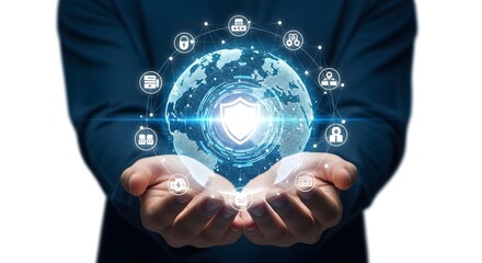 Businessman holding glowing digital globe with shield icon representing global data security and cyber protection isolated on white background