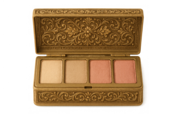 Ornate vintage golden makeup palette offering eyeshadow and blush for beauty, cosmetics, and luxury on transparent background