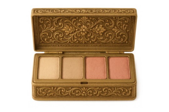 Ornate vintage golden makeup palette offering eyeshadow and blush for beauty, cosmetics, and luxury on transparent background