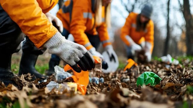 Video Group cleaning up litter in a forest, great for environmental awareness or conservation campaigns