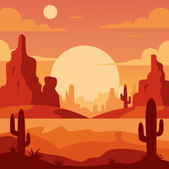 Vibrant desert landscape at sunset with silhouetted saguaro cacti and dramatic rock formations under a warm sky