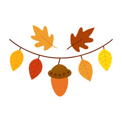 Obraz premium Charming autumn garland featuring colorful fall leaves and a central acorn illustration on a white background