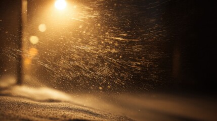 close up shot of swirling snow captured mid air illuminated by a warm golden streetlight cinematic winter night atmosphere soft flying flakes glowing
