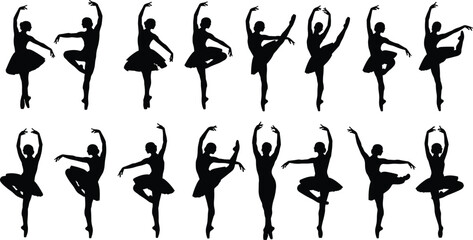 Set of black silhouettes featuring elegant ballerinas dancing in tutus, performing various classic poses, vector illustration collection isolated on white background. © Fuad Creatives 