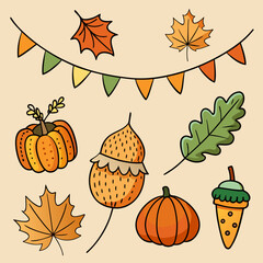 Charming hand drawn autumn elements featuring pumpkins acorns leaves and festive bunting decorations