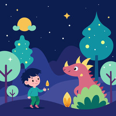 Cute cartoon boy and friendly pink dragon meeting in a magical forest at night under the moon and stars