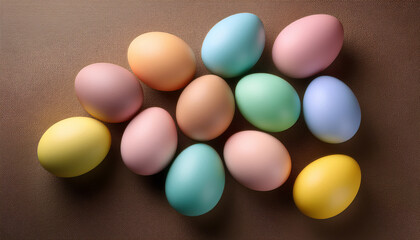 Pastel Colored Eggs Arranged Randomly On A Textured Brown Surface With Soft Blue Yellow Pink Green Hues Casting Elongate