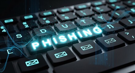Closeup of a computer keyboard with the word phishing glowing in bright blue, surrounded by digital email envelope icons, symbolizing online fraud and cyber security threats