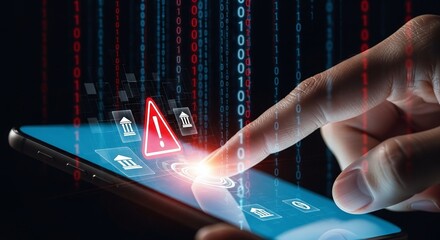 Hand touching a smartphone screen with a prominent warning icon and binary code, representing mobile security threats, data breach, and online vulnerability