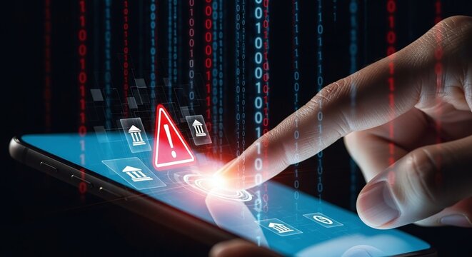 Hand touching a smartphone screen with a prominent warning icon and binary code, representing mobile security threats, data breach, and online vulnerability