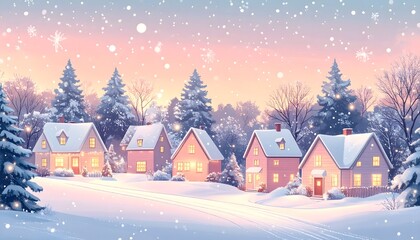 Fototapeta premium Winter Wonderland Pastel Houses Seamless Texture with Snow, Glitter Trails and Cozy Lights