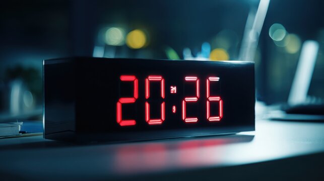 Close up of a digital clock displaying , futuristic office desk background, subtle ambient lighting, high detail technology focused composition