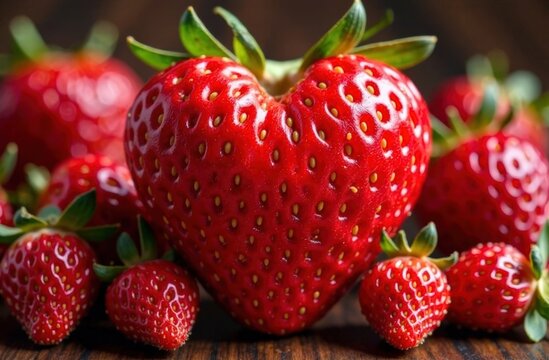 Heart-shaped strawberry surrounded by fresh red strawberries on a wooden surface, showcasing vibrant colors and natural textures, perfect for food photography and romantic themes, valentine card - Powered by Adobe