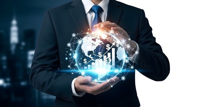 Businessman holding glowing digital globe with financial chart and network connection over dark city background representing global business technology and investment success - Powered by Adobe